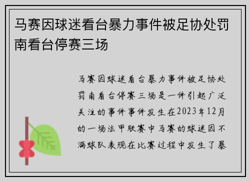 马赛因球迷看台暴力事件被足协处罚南看台停赛三场
